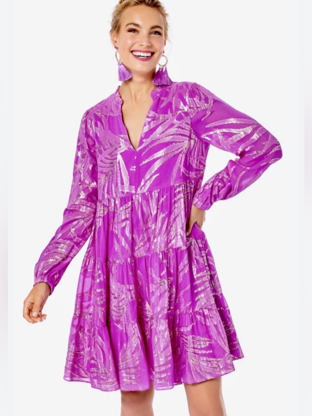 Lilly Pulitzer Sarita Silk Palm-Print Tiered Dress Size 6